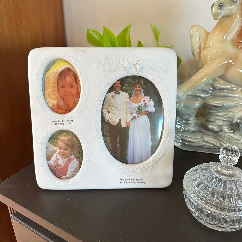 Vtg White Ceramic Wedding Collage Picture Frame Floral Bridal Shower Cottagecore